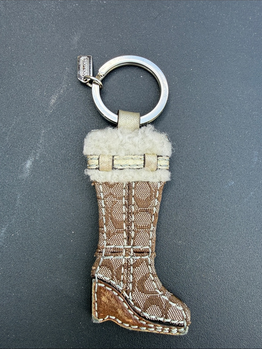 Vintage Y2K Coach Brown Signature Winter Boot Keychain with Cream Shearling Cuff